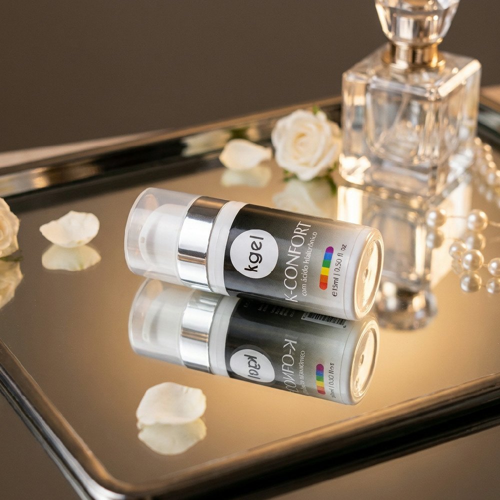 Gel Dessensibilizante para Sexo Anal K-Confort 15ml deitado em superf�cie espelhada, refletindo o frasco e a embalagem, com p�talas de rosa ao redor e um frasco de perfume no fundo