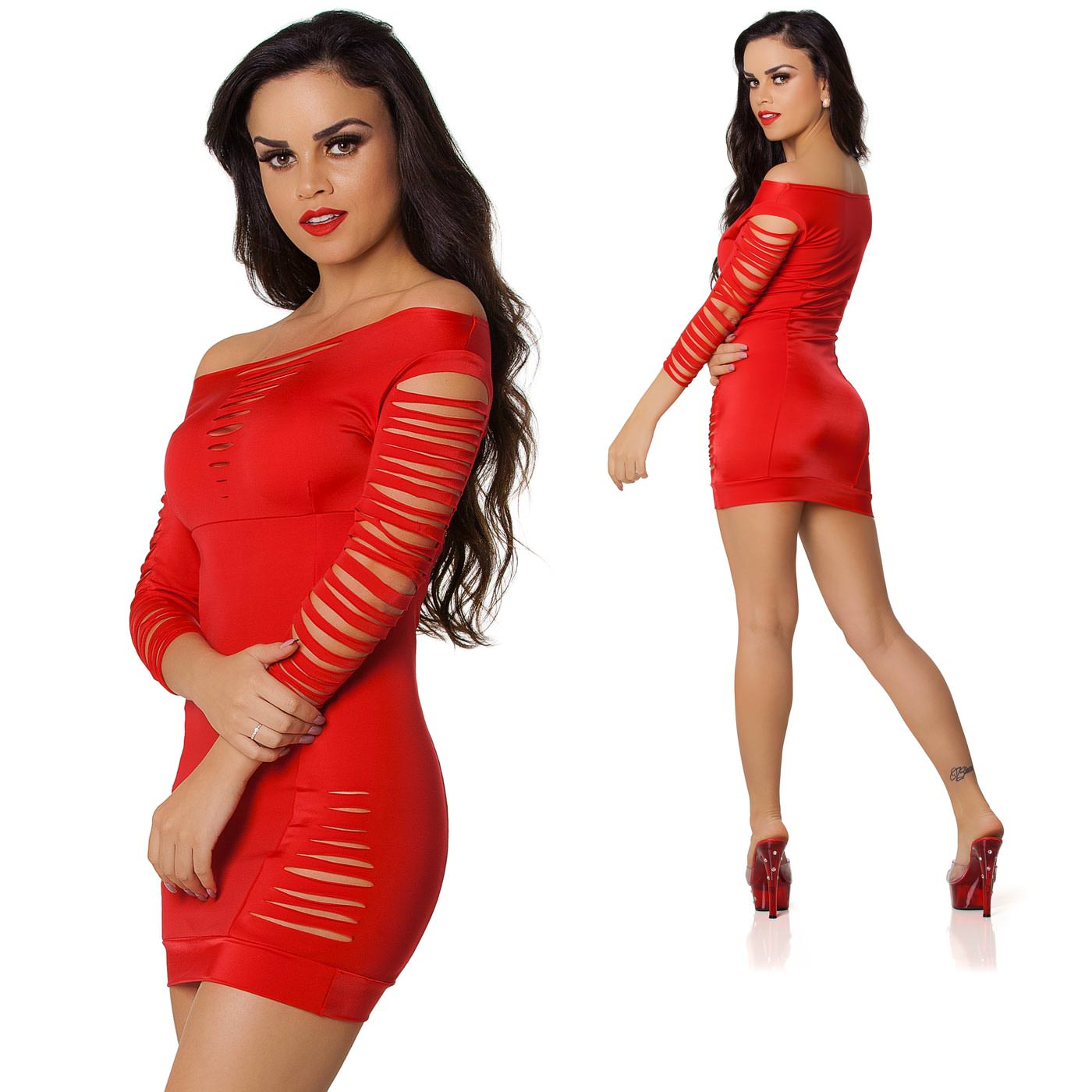 Vestido Sensual de Manga Recortada Vermelho - detalhes dos recortes
