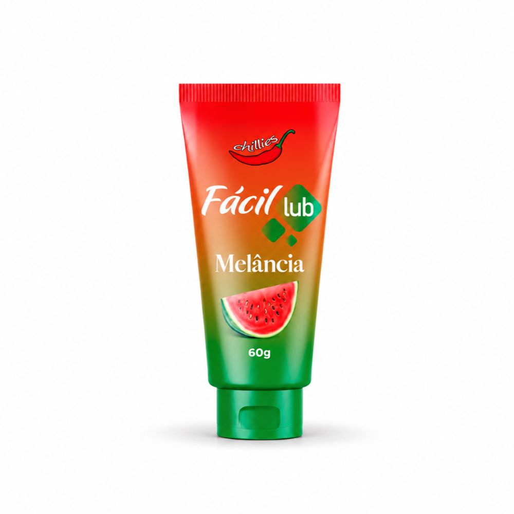 Lubrificante � Base de �gua Beij�vel F�cil Lub Sabor Melancia 60g, bisnaga vermelha e verde com imagem de melancia e logo Chillies