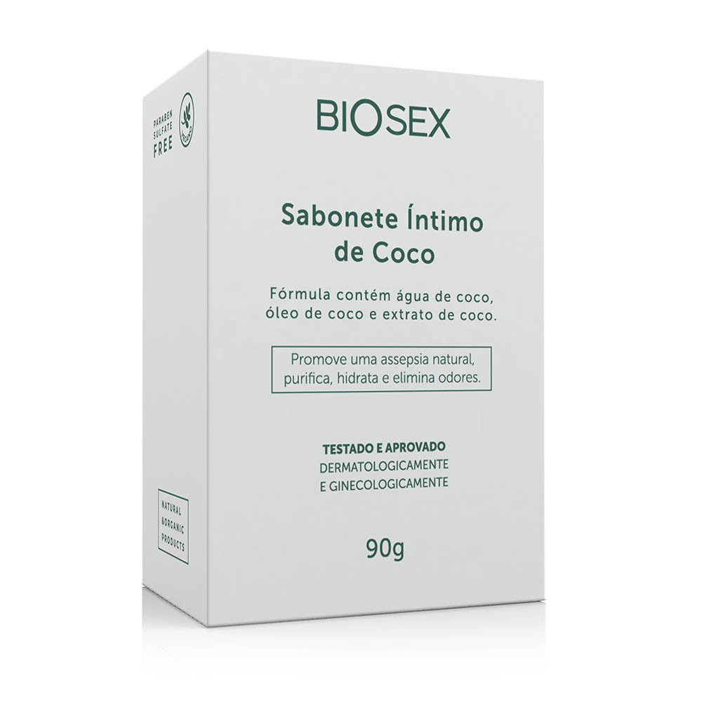 Sabonete �ntimo em Barra Coco Vegano Biosex, com embalagem e barra de sabonete ao lado