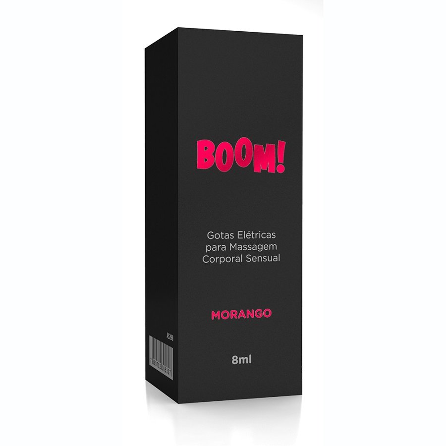 Gel Excitante Gotas El�tricas Boom Morango na embalagem, com detalhes do produto
