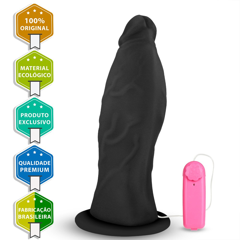 P�nis Gigante e Grosso Flex�vel com Ventosa e Vibrador Jatoba�o 31 x 10cm Preto | Detalhe da ponta do produto e controle com fio
