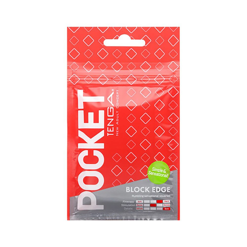 Masturbador Tenga Pocket Block Edge embalagem frontal em vermelho e branco