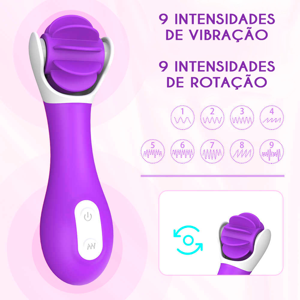 Simulador de Sexo Oral em Silicone Roxo com detalhes das 9 intensidades de vibra��o e rota��o