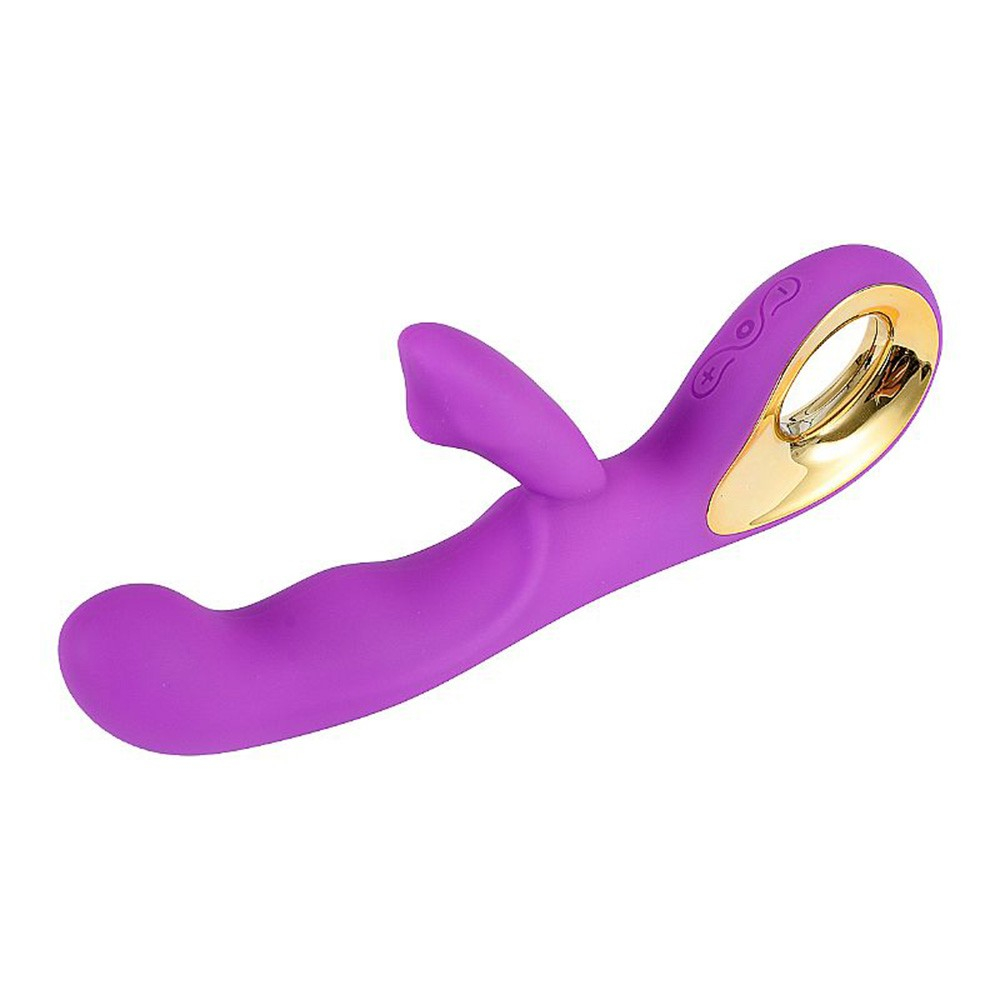 Vibrador duplo em silicone roxo com detalhe dourado na base lateral