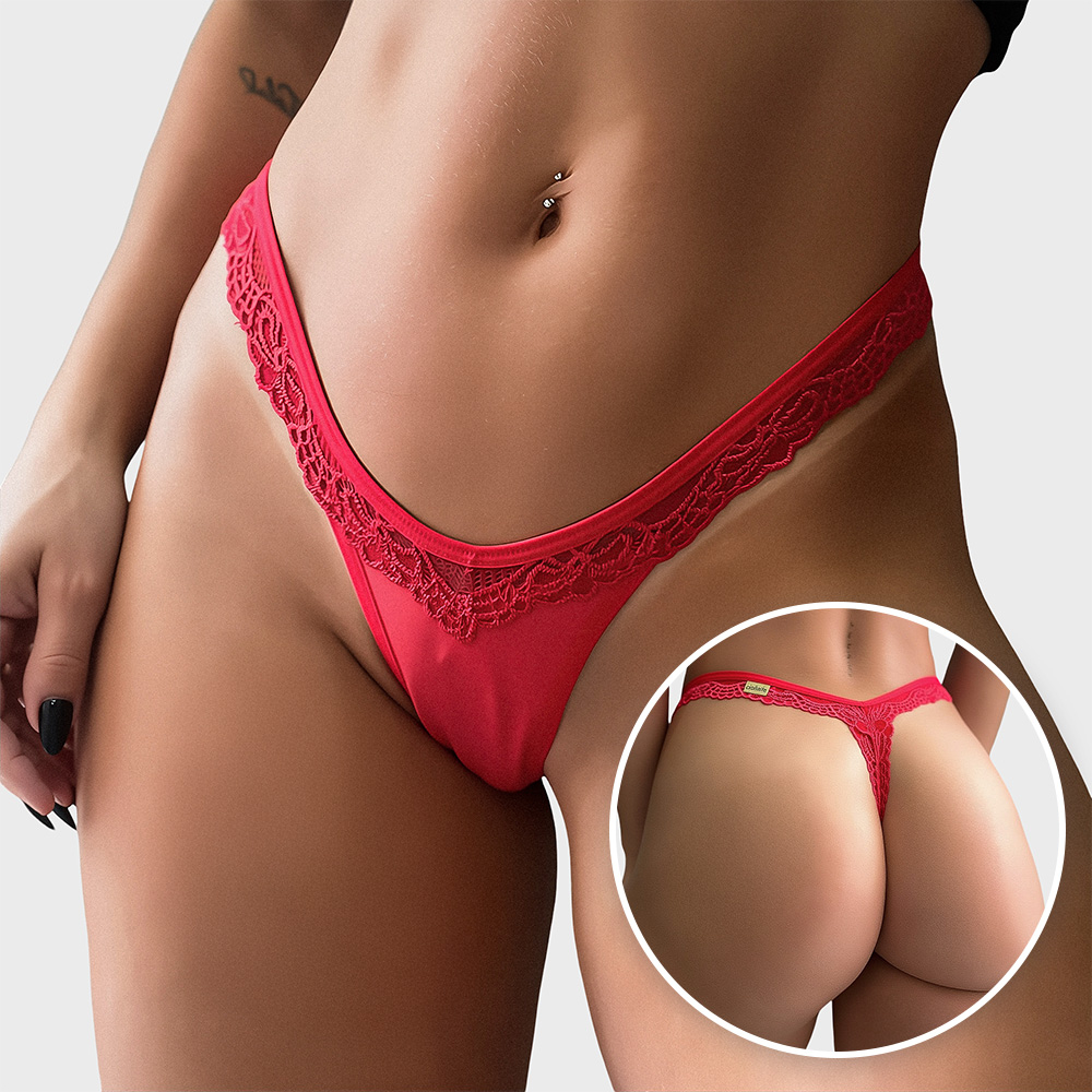 Calcinha String Fio Dental Sexy em Poli�ster com Detalhes em Renda sem Regulagem Vermelha | Close nos detalhes da renda na lateral da calcinha