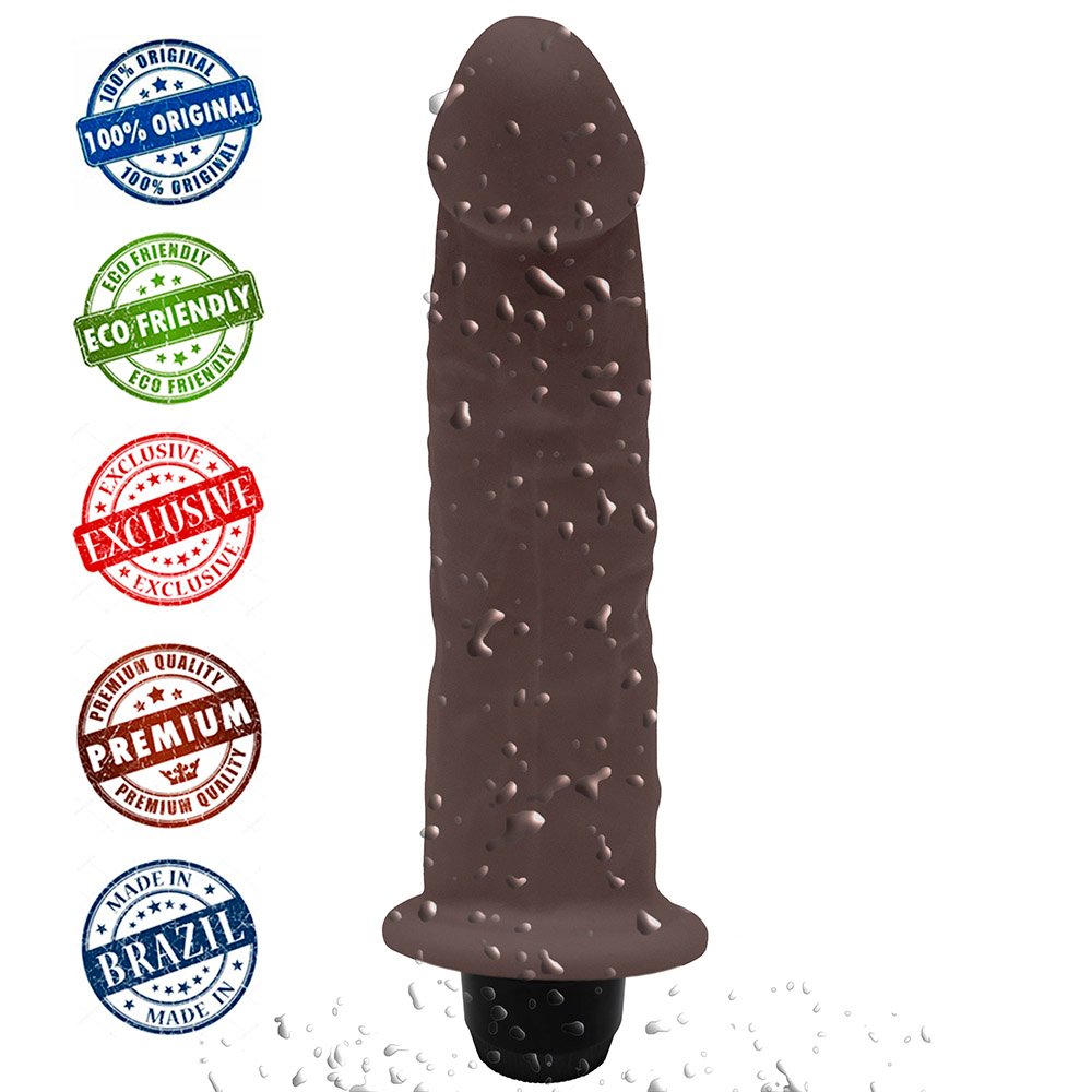 P�nis de Borracha Lunes com Vibrador 14 x 4cm Marrom exibindo o logotipo 'Exclusive' e 'Made in Brazil', indicando a origem e exclusividade do produto