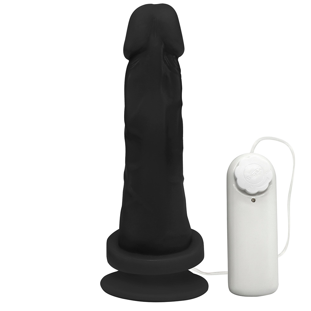 P�nis de Borracha Mi�rcoles com Vibrador e Ventosa em destaque apresentando detalhes da estrutura realista