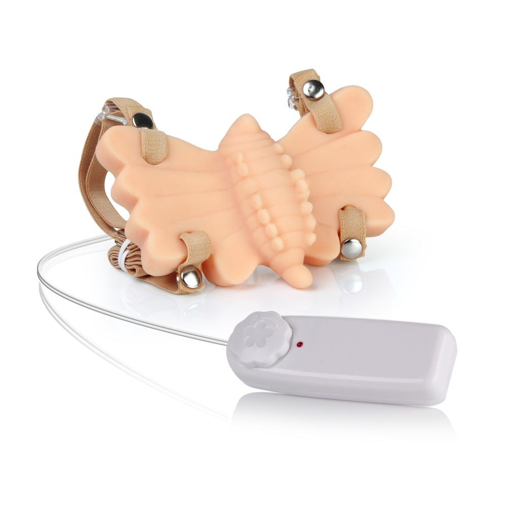 Vibrador Butterfly M�gica em Cyberskin, Al�as Ajust�veis Bege | Vis�o do produto com controle e cabo