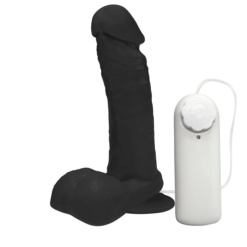 Detalhe do p�nis de borracha Ares com vibrador, evidenciando a textura macia do PVC e as formas anat�micas da cole��o REALISTIC by Loja do Prazer.