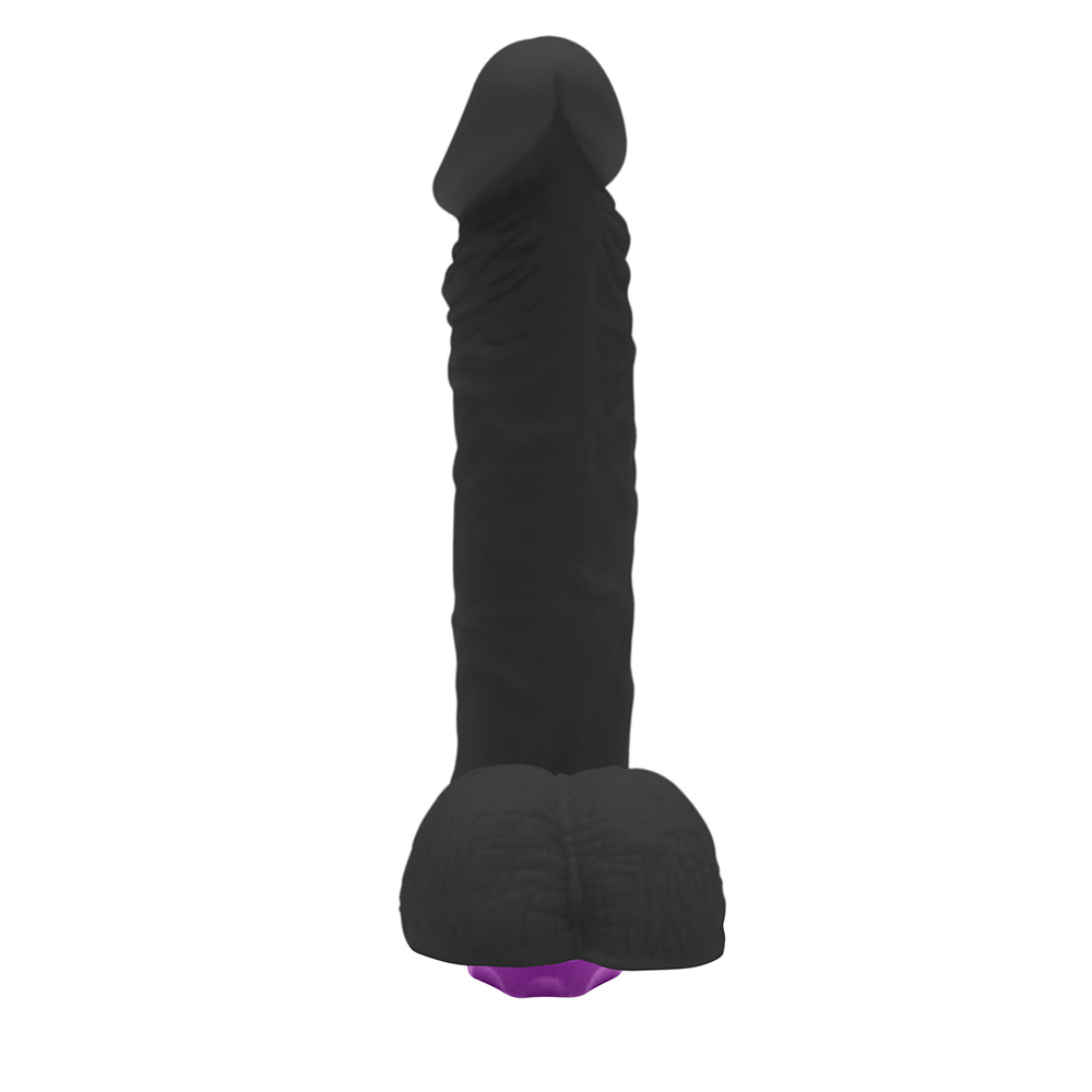 P�nis de Borracha Zeus com Escroto e Vibrador 20,5 x 4,5cm Preto | Vista frontal do p�nis de borracha com vibrador, detalhando a glande e a textura do material