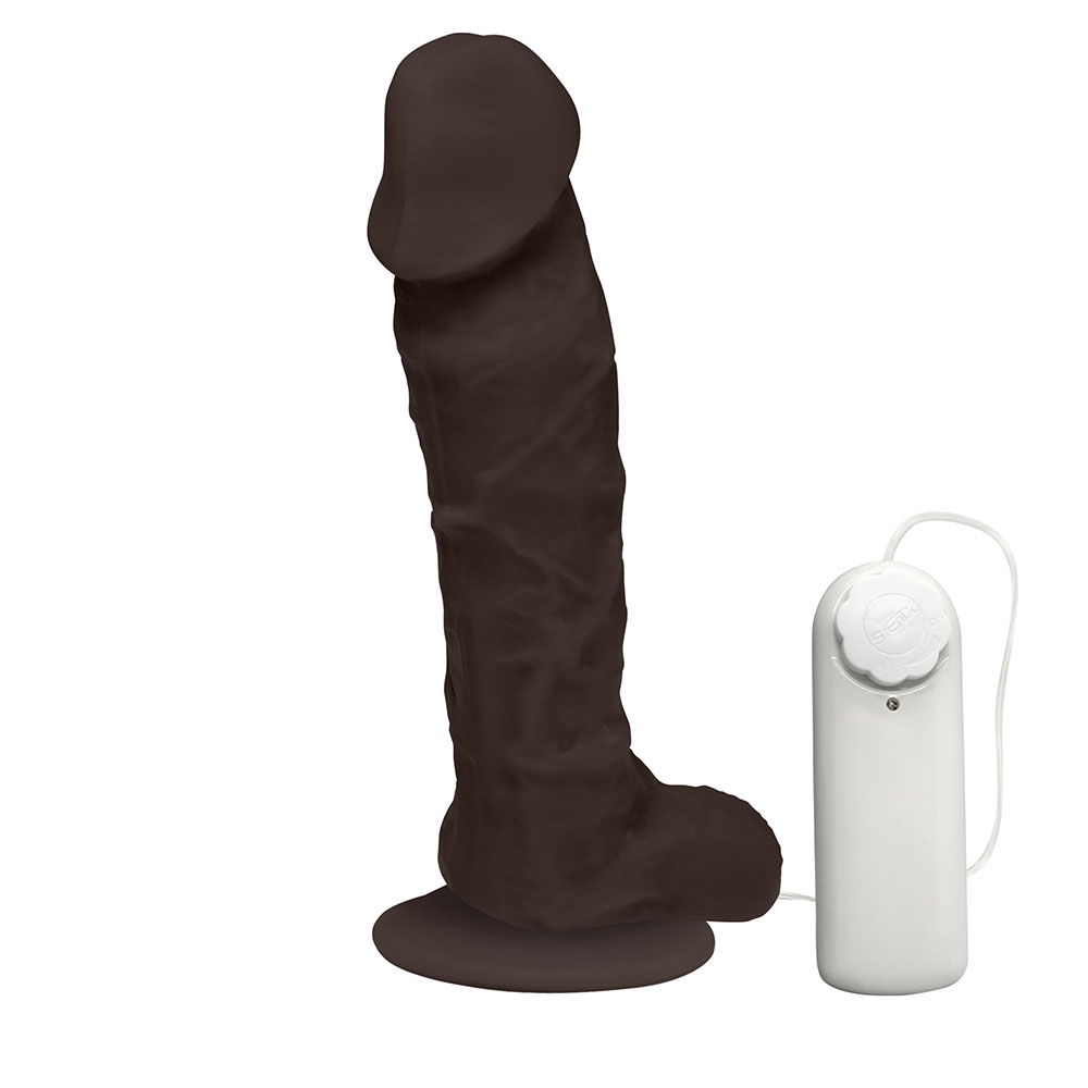 P�nis de Borracha Apolo com Escroto, Vibrador e Ventosa 20,5 x 4,5cm Marrom | Detalhe realista da gl�ndula