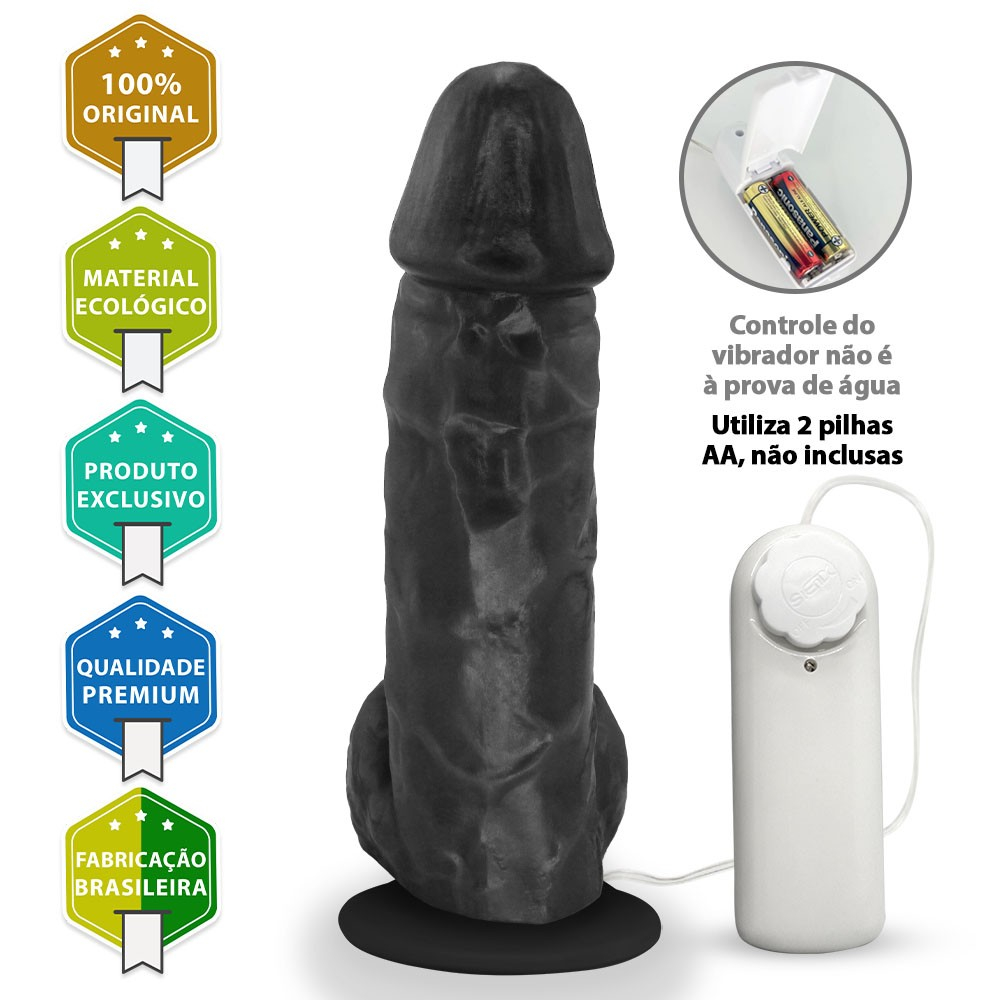 P�nis de Borracha Crono com Escroto, Vibrador e Ventosa 20 x 5cm Preto - com caixa de pilhas exposta e selos de qualidade