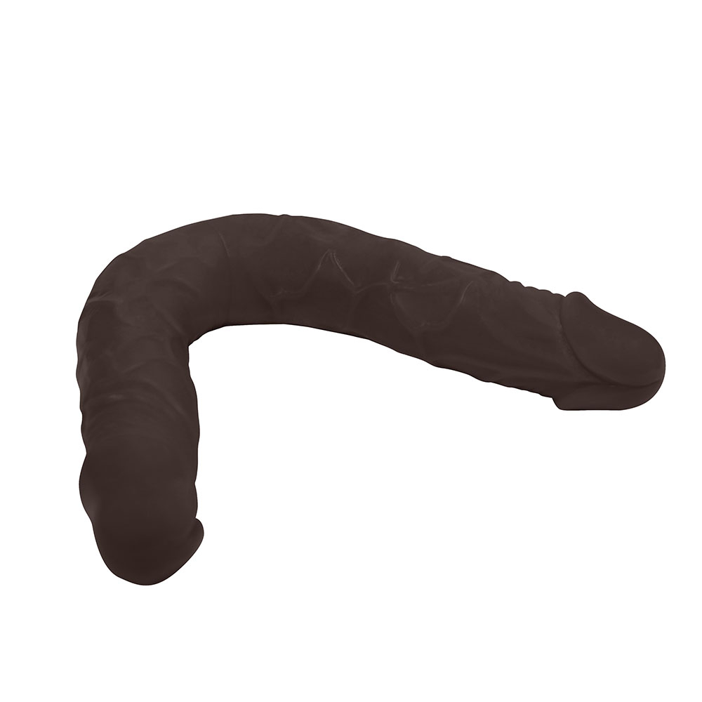 P�nis de Borracha Havaiano Ponta Dupla - Detalhe das pontas arredondadas e veias bem definidas, material marrom flex�vel e macio