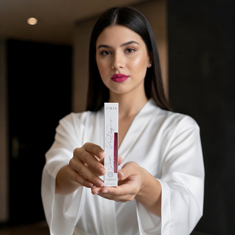 Modelo com o Gloss Labial Zalia Sem Vest�gio Rosa e a embalagem