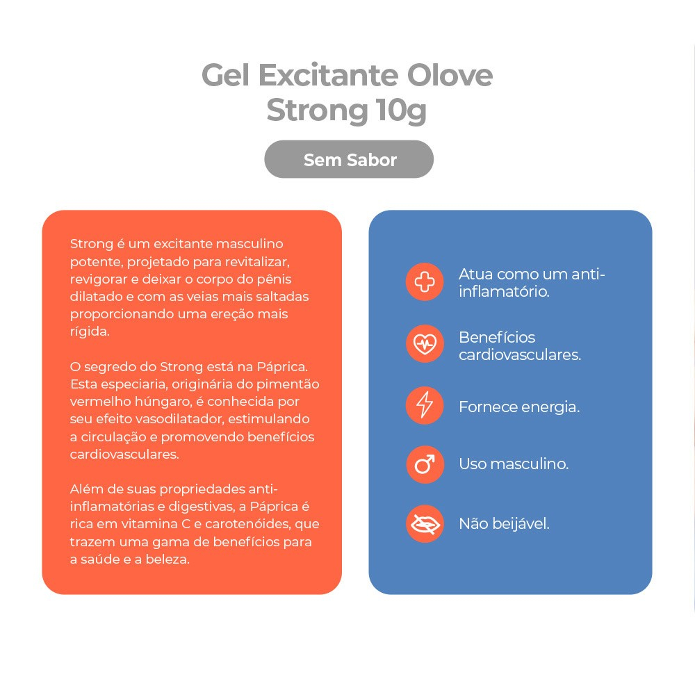 p�gina de descri��o do Gel Masculino Strong da OLove Cosm�tico, detalhando benef�cios como anti-inflamat�rio, cardiovascular e fornecimento de energia, com indica��o de uso masculino e n�o beij�vel.