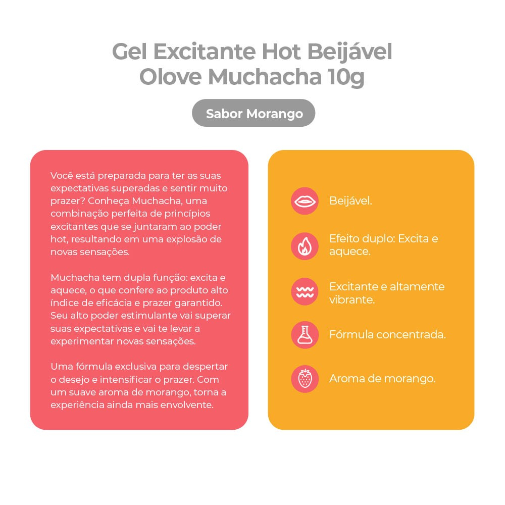 Infogr�fico com os benef�cios do Gel Excitante Muchacha Morango: Beij�vel, efeito duplo (excita e aquece), excitante e altamente vibrante, f�rmula concentrada e aroma de morango.