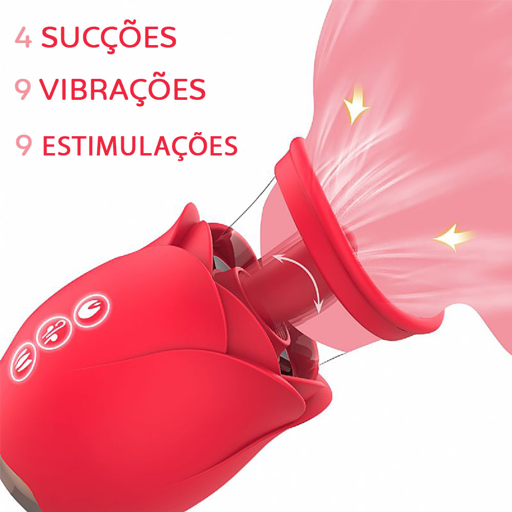 Vibrador para Clit�ris Recarreg�vel Flower 4 Vermelho em detalhe, com indica��o de 4 suc��es, 9 vibra��es e 9 estimula��es
