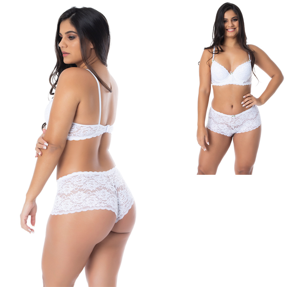 Conjunto Sensual Paris Branco, vista traseira exibindo a calcinha boxer de renda e suti�