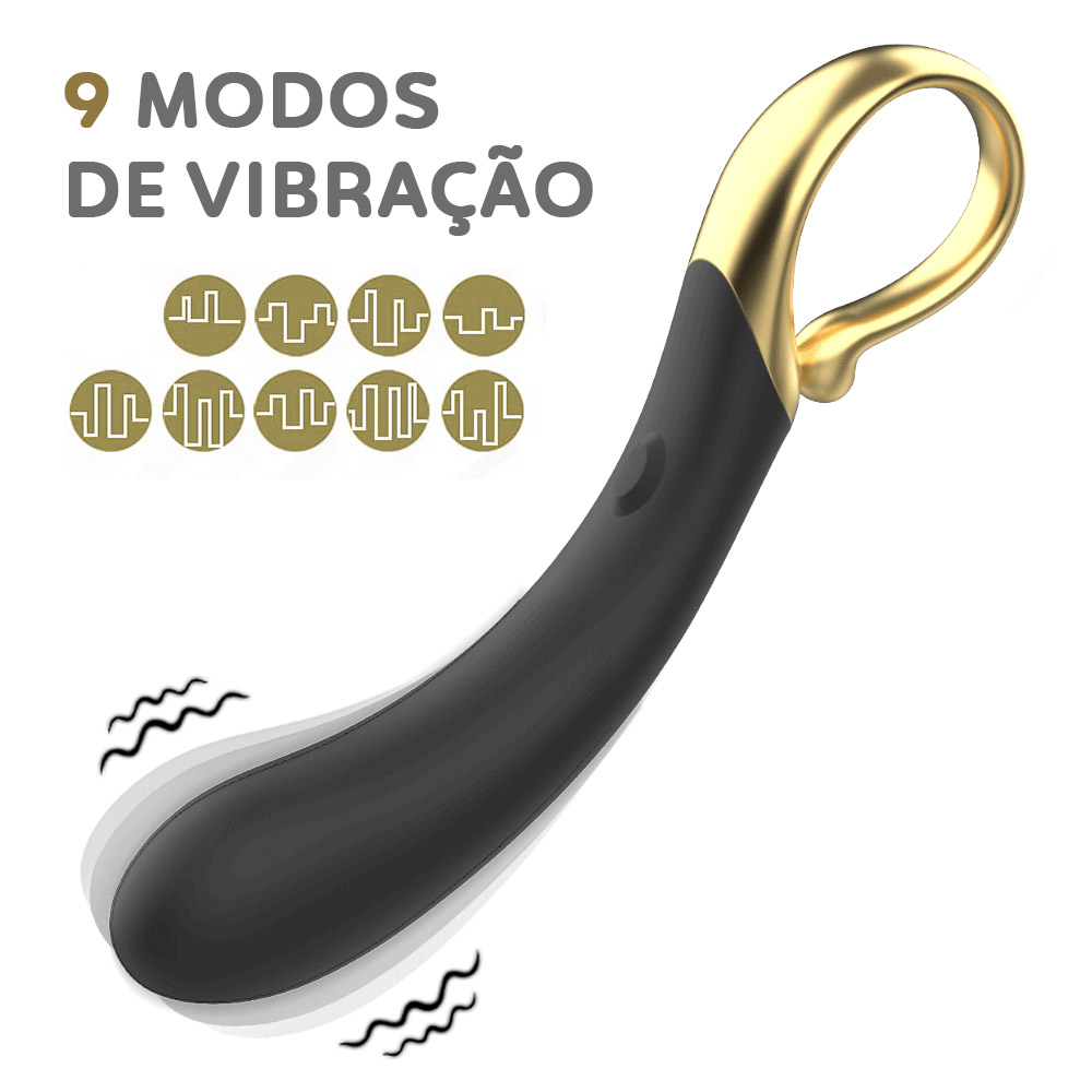 Vibrador Ponto G Companion de silicone preto com 9 vibra��es e anel dourado na base, ilustrando modos de vibra��o e formato ergon�mico.