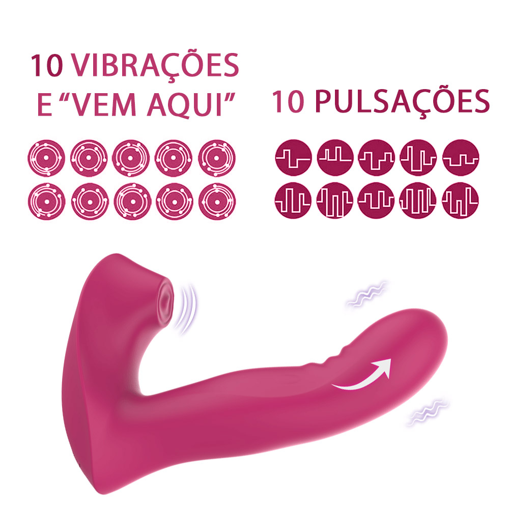 Pulsador de Clit�ris e Vibrador Ponto G Recarreg�vel em Silicone 10 Vibra��es e Controle Novia Pink em close, mostrando os 10 modos de vibra��o e 10 modos de pulsa��o demonstrados com �cones.