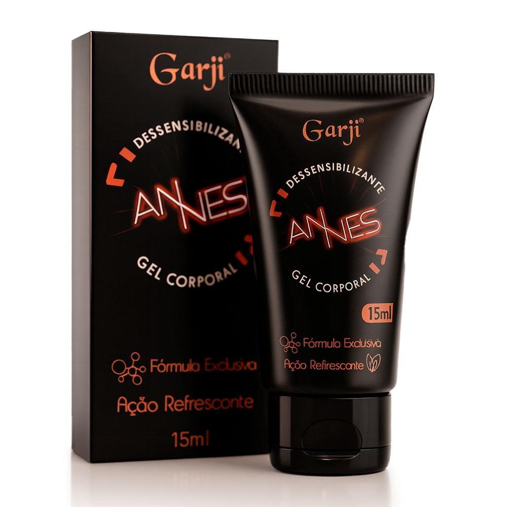 Gel para Sexo Anal Annes 15g e sua embalagem, apresentando o nome do produto, marca Garji, a��o dessensibilizante e refrescante, e o volume de 15ml.