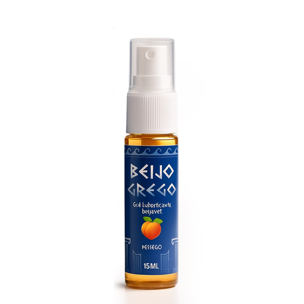 Gel Beijo Grego Beij�vel P�ssego 15g | Frasco em detalhe, mostrando bico spray e r�tulo