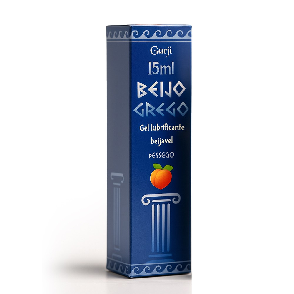 Gel Beijo Grego Beij�vel P�ssego 15g | Embalagem de caixa, azul, com ilustra��o de p�ssego e inscri��es