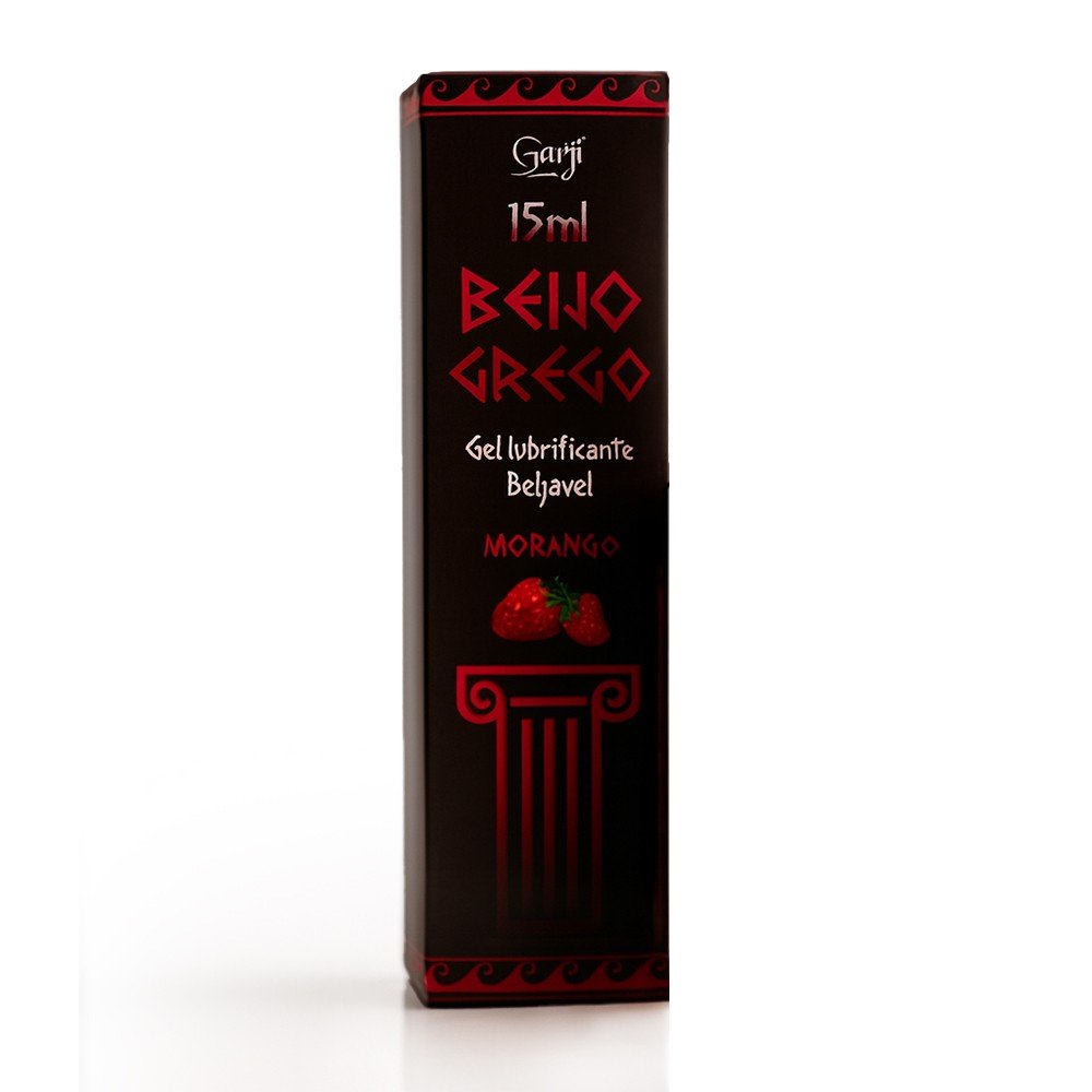 Gel Beijo Grego Beij�vel Sabor Morango Garji 15g na caixa, mostrando o design da embalagem.