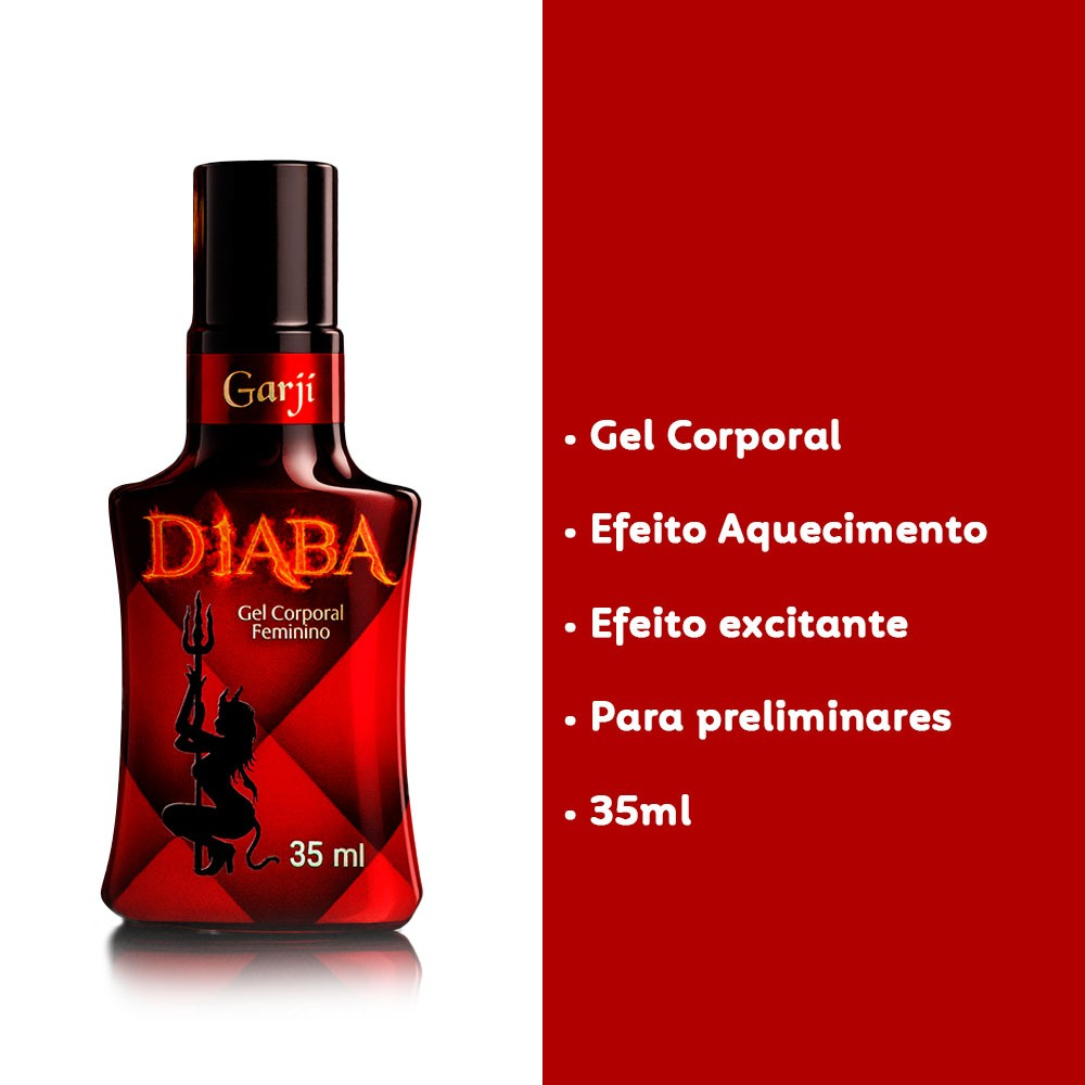 Gel Excitante Feminino Diaba em destaque com lista de benef�cios: Gel Corporal, Efeito Aquecimento, Efeito Excitante, Para preliminares, 35ml