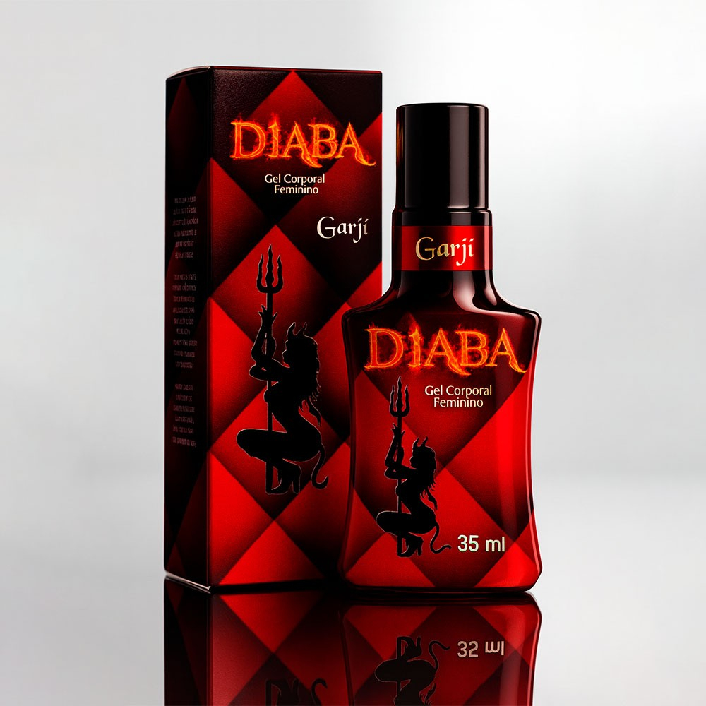 Caixa e frasco do Gel Excitante Feminino Diaba 35ml em um reflexo suave, destacando o design e a marca