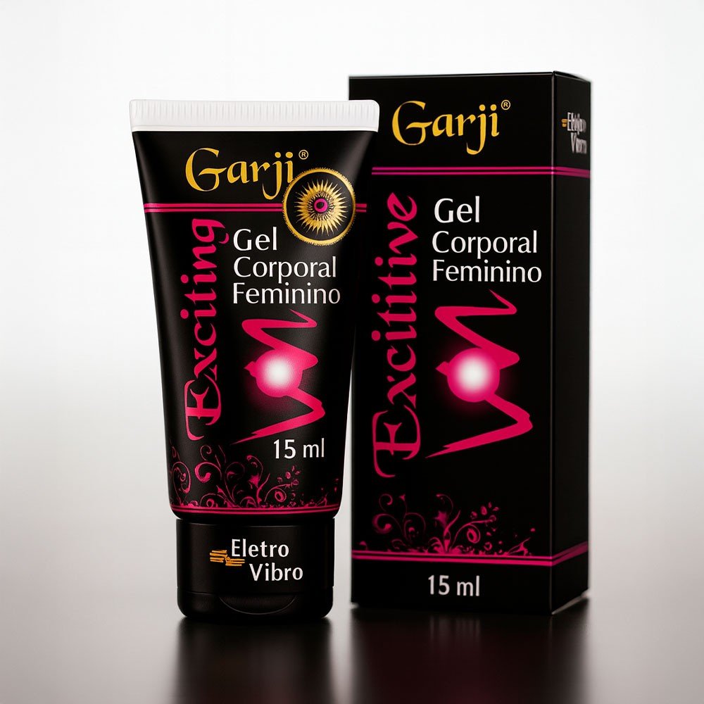 Embalagem do Gel Excitante Feminino Exciting Garji 15g com o tubo ao lado da caixa, ambos com design vibrante em preto e rosa.