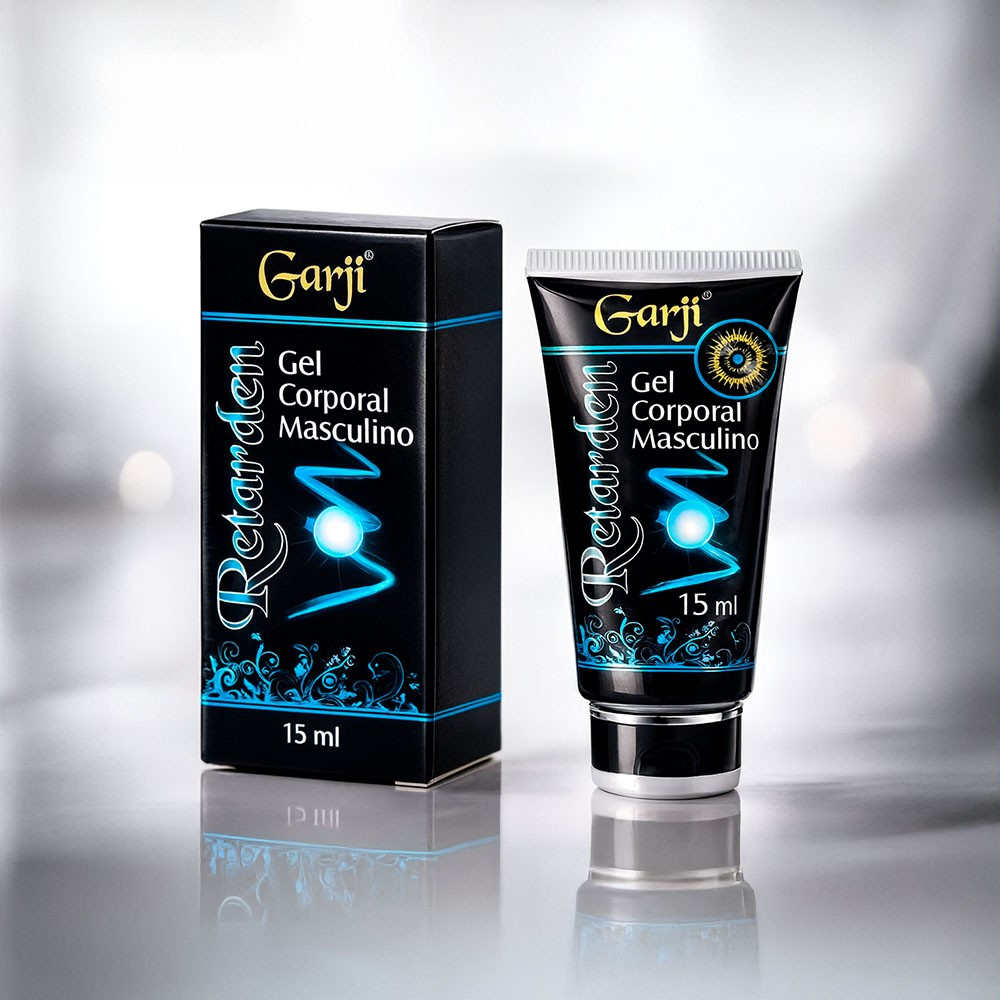 Embalagem do Gel Retardante Retarden 15g e o tubo do produto dispostos lado a lado em um fundo claro