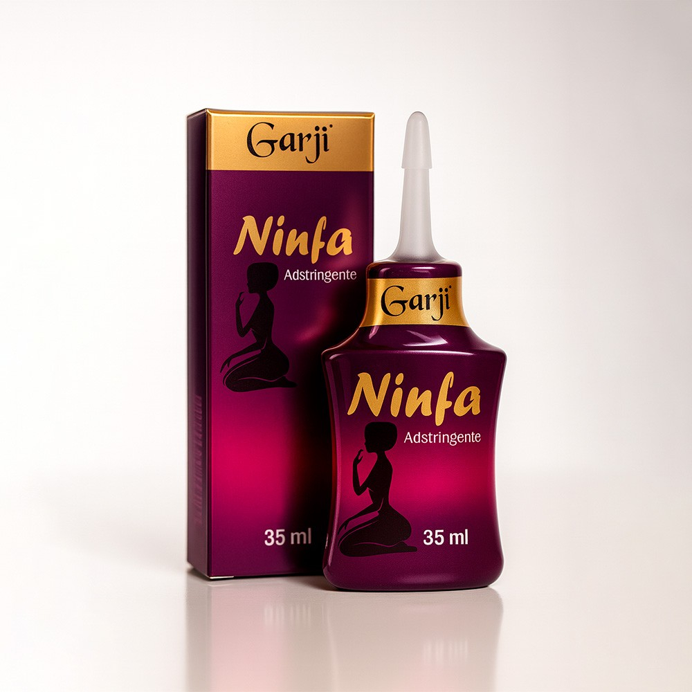 Gel Adstringente Ninfa 35g e sua caixa, ambos em destaque e com design elegante em roxo e dourado, prontos para uso