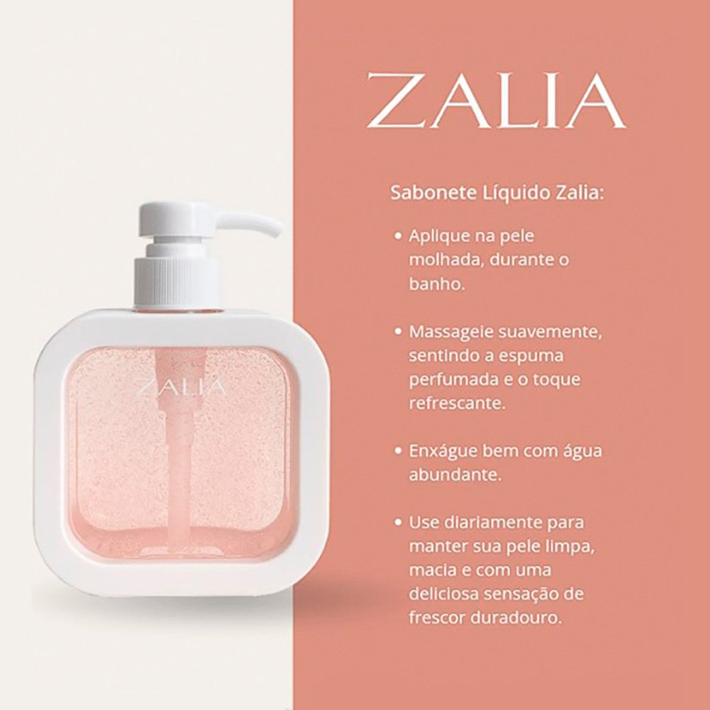 Instru��es de uso do Sabonete Corporal L�quido Luxo Glow Zalia com passos ilustrados