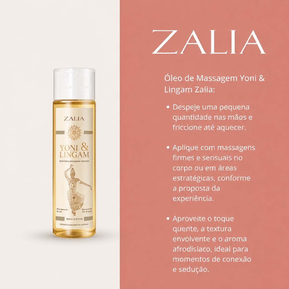 Informa��es sobre o �leo para Massagem T�ntrica Zalia Yoni & Lingam, destacando o modo de uso e a proposta da experi�ncia sensorial