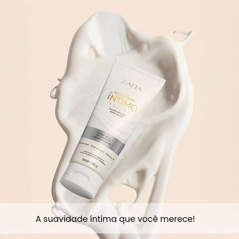 Hidratante �ntimo Vulvar Zalia com respingos de creme, fundo claro, destacando a frase a suavidade �ntima que voc� merece