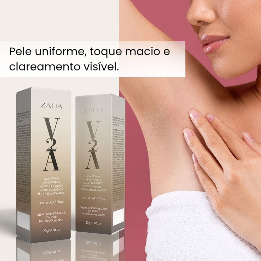 Hidratante Clareador para Virilha, �nus e Axila V2A 20g e imagem de axila visivelmente mais clara e uniforme ap�s uso do produto, com a frase Pele uniforme, toque macio e clareamento vis�vel.