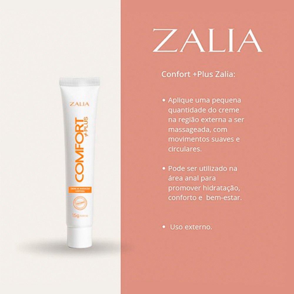 Creme Dessensibilizante para Sexo Anal Comfort Plus da Zalia com instru��es de uso e benef�cios na lateral
