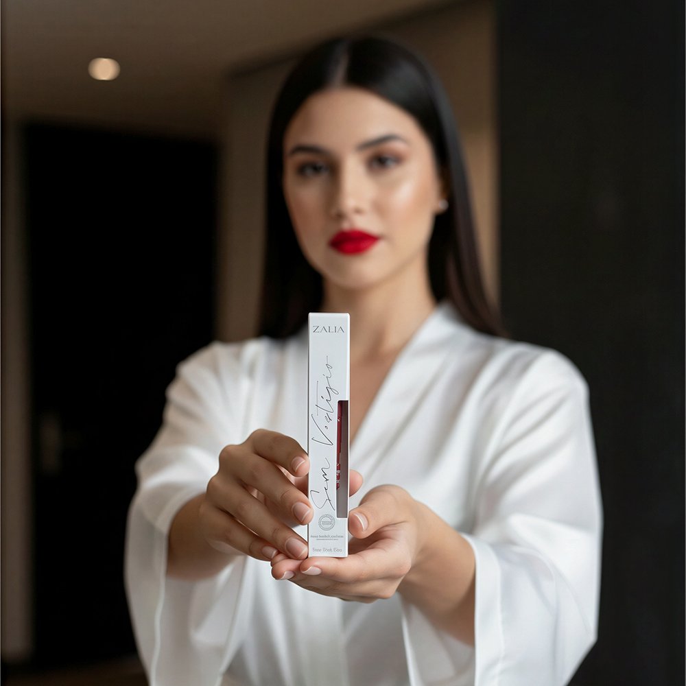 Modelo feminina segurando a caixa do Gloss Labial Sem Vest�gio com l�bios em tom vermelho vibrante