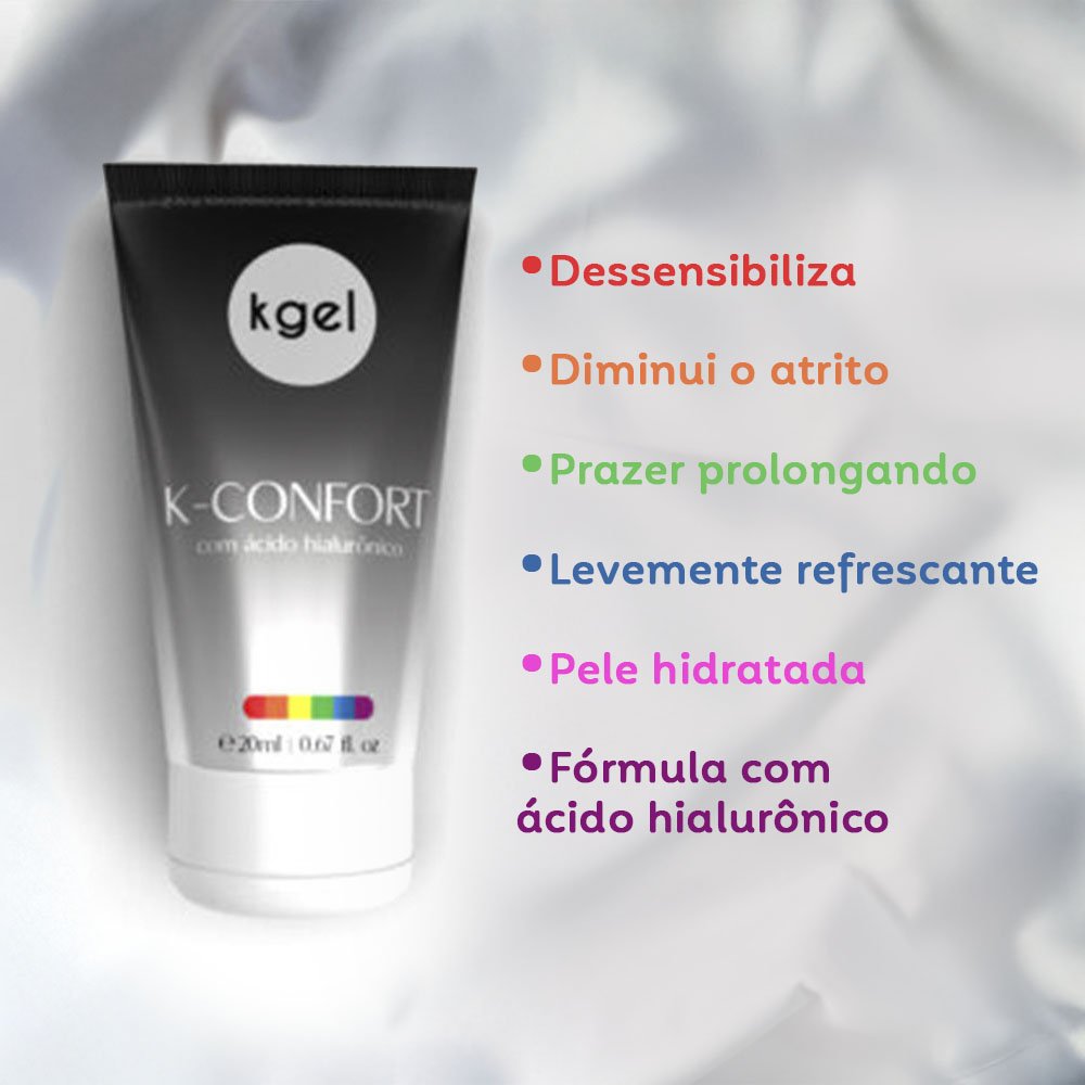Gel para Sexo Anal K-Confort mostrando os benef�cios: Dessensibiliza, Diminui o atrito, Prazer prolongando, Levemente refrescante, Pele hidratada, com f�rmula de �cido hialur�nico.