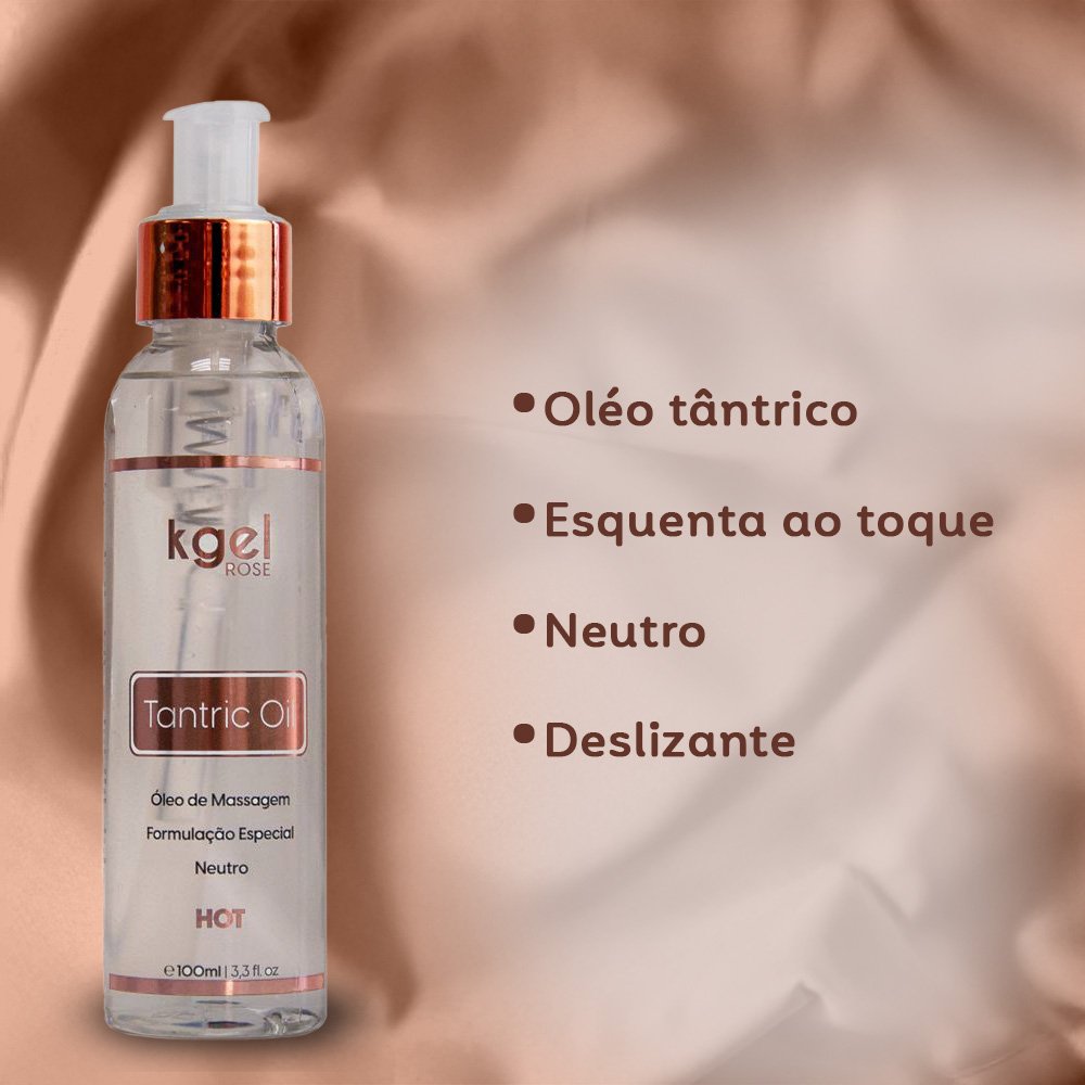 �leo para Massagem Sensual Hot Tantric Oil Neutro 100ml com lista de benef�cios: �leo t�ntrico, esquenta ao toque, neutro, deslizante