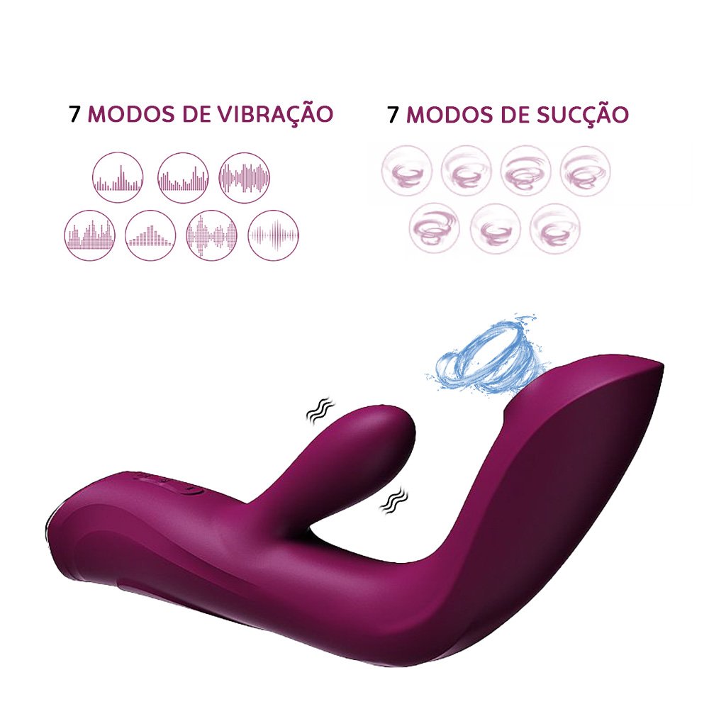 Vibrador Duplo Ponto G e Clit�ris Recarreg�vel em Silicone com 7 Vibra��es e Aquecimento Vinho | Ilustra��o dos 7 modos de vibra��o e 7 modos de suc��o do vibrador