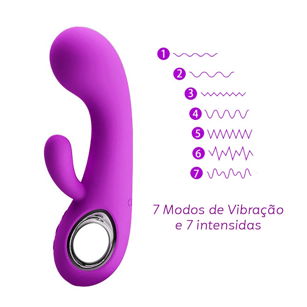 Vibrador Duplo Ponto G e Clit�ris Recarreg�vel em Silicone com 7 Vibra��es Valentine Pink | Vista do produto e seus 7 modos de vibra��o