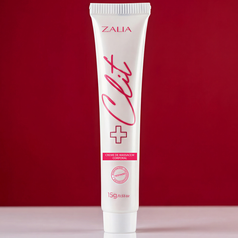Gel Excitante Feminino Estimula, Intensifica e Aquece + Clit 15ml da Zalia Cosm�tico em embalagem branca sobre fundo vermelho