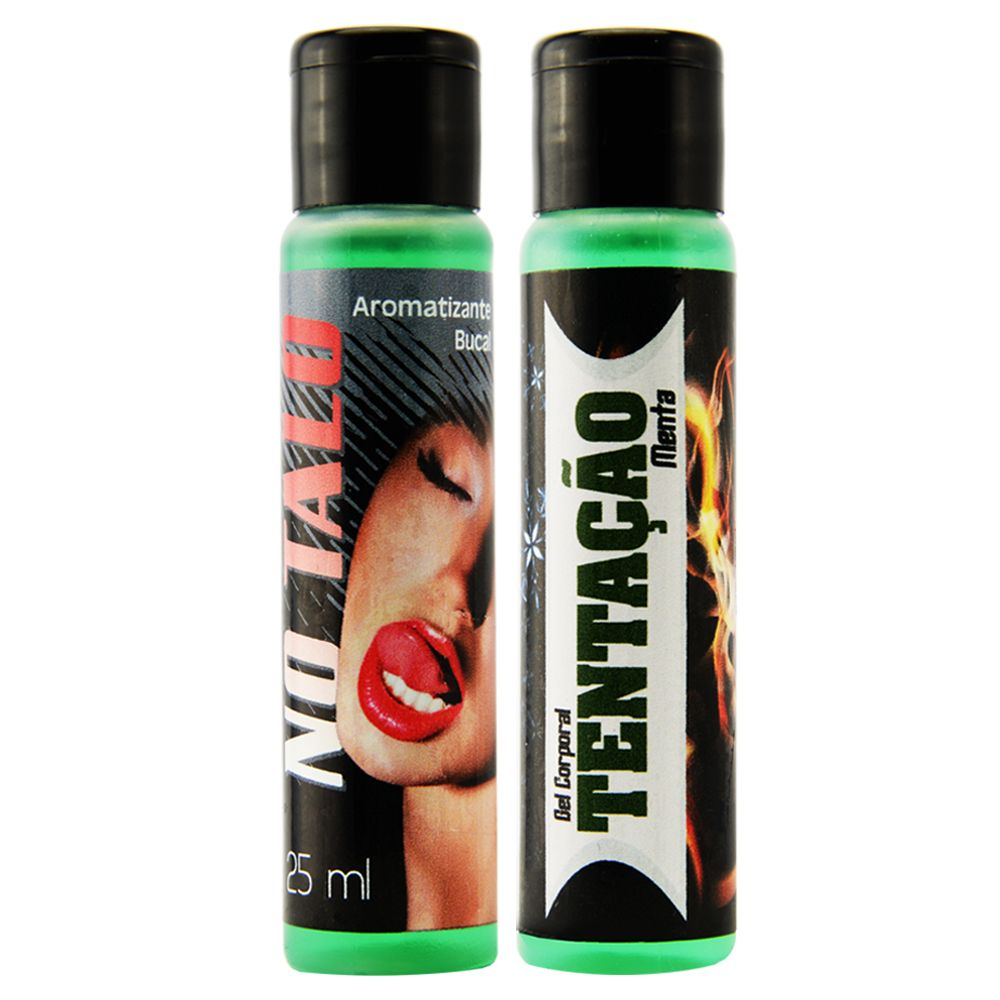 Kit com dois frascos de gel Garganta Profunda No Talo e Tenta��o Menta em destaque, com fundo branco
