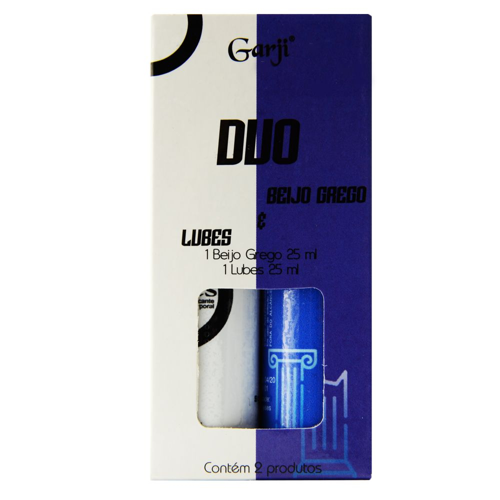 Embalagem do Duo Gel Beijo Grego P�ssego e Lubrificante Neutro Garji, mostrando o kit