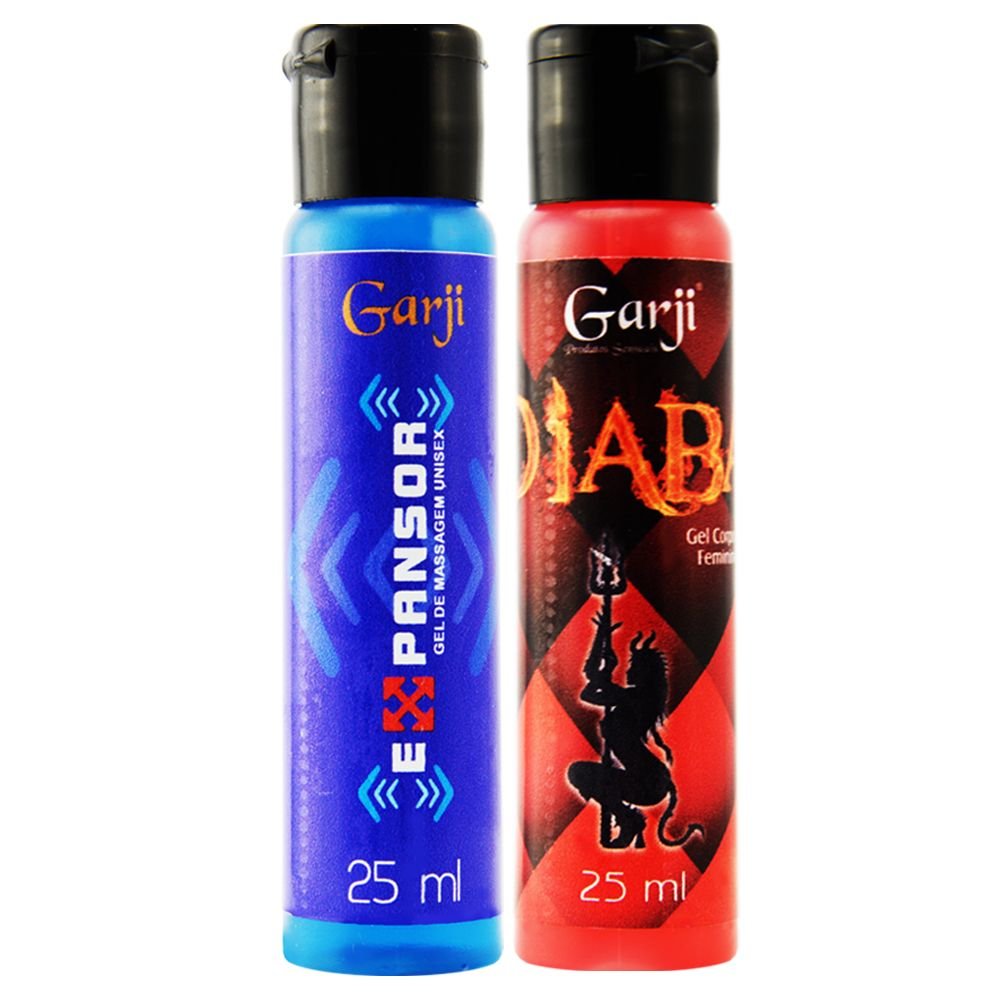Duo Gel Expansor Masculino e Excitante Feminino Diaba em frascos: gel azul Garji Expansor 25ml unissex e gel vermelho Garji Diaba 25ml feminino