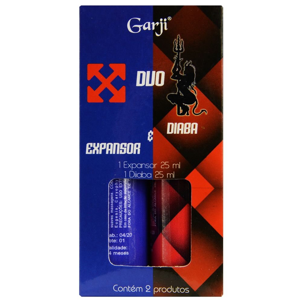Caixa do Duo Gel Expansor Masculino e Excitante Feminino Diaba, mostrando instru��es de uso e informa��es sobre a embalagem que cont�m 2 produtos