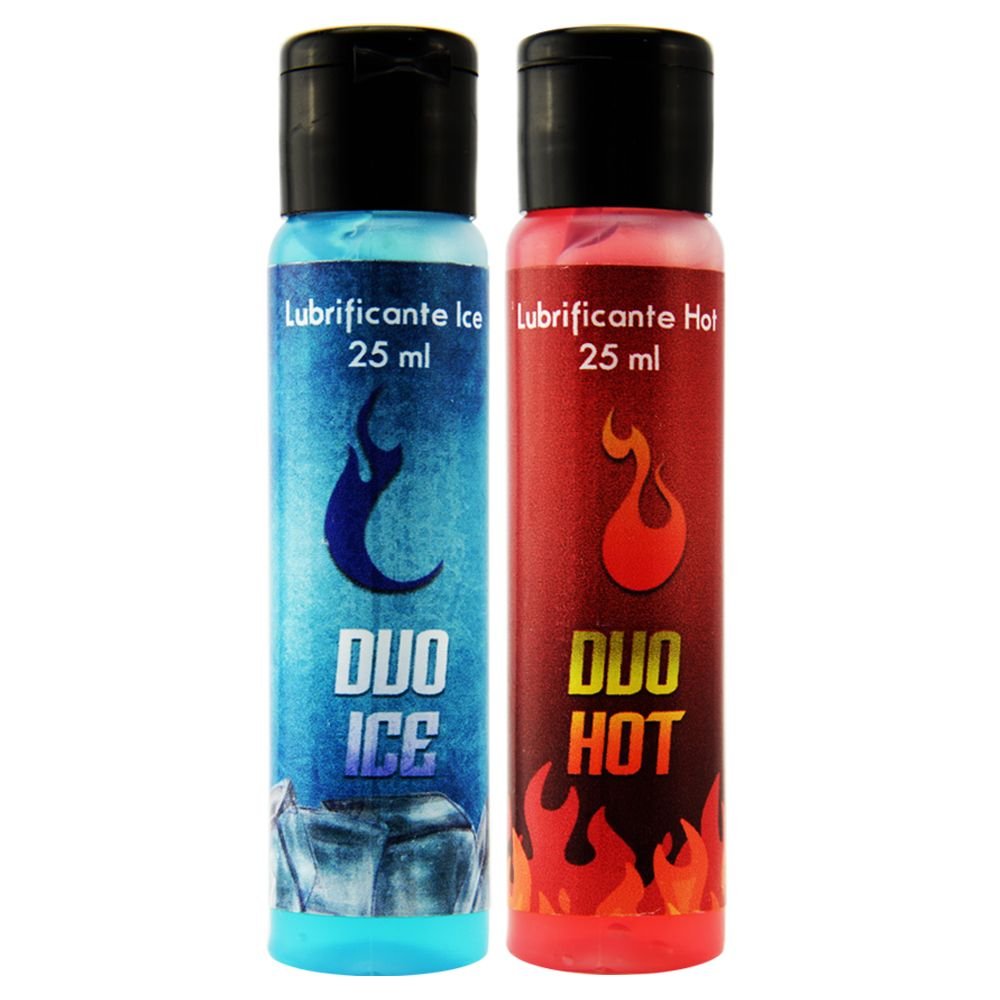 Duo Lubrificante Ice e Hot, dois frascos em azul e vermelho com r�tulos de Labrificante Ice e Hot, 25ml cada
